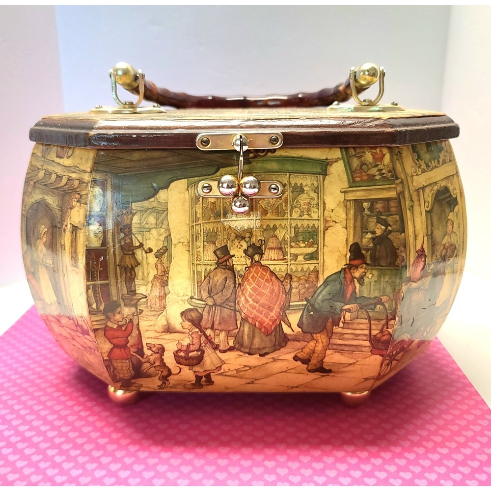 VTG Vintage 1972 Handmade Clasp Lock Decoupage Sewing Bag with Lucite Handle